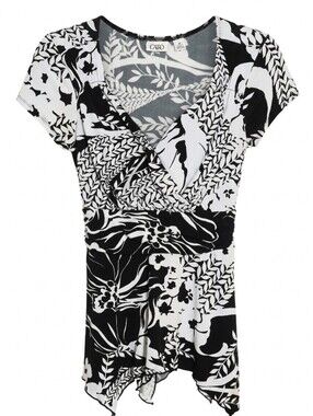 Cato M Medium Black & White Floral Wrap-Front Handkerchief Hem Top
